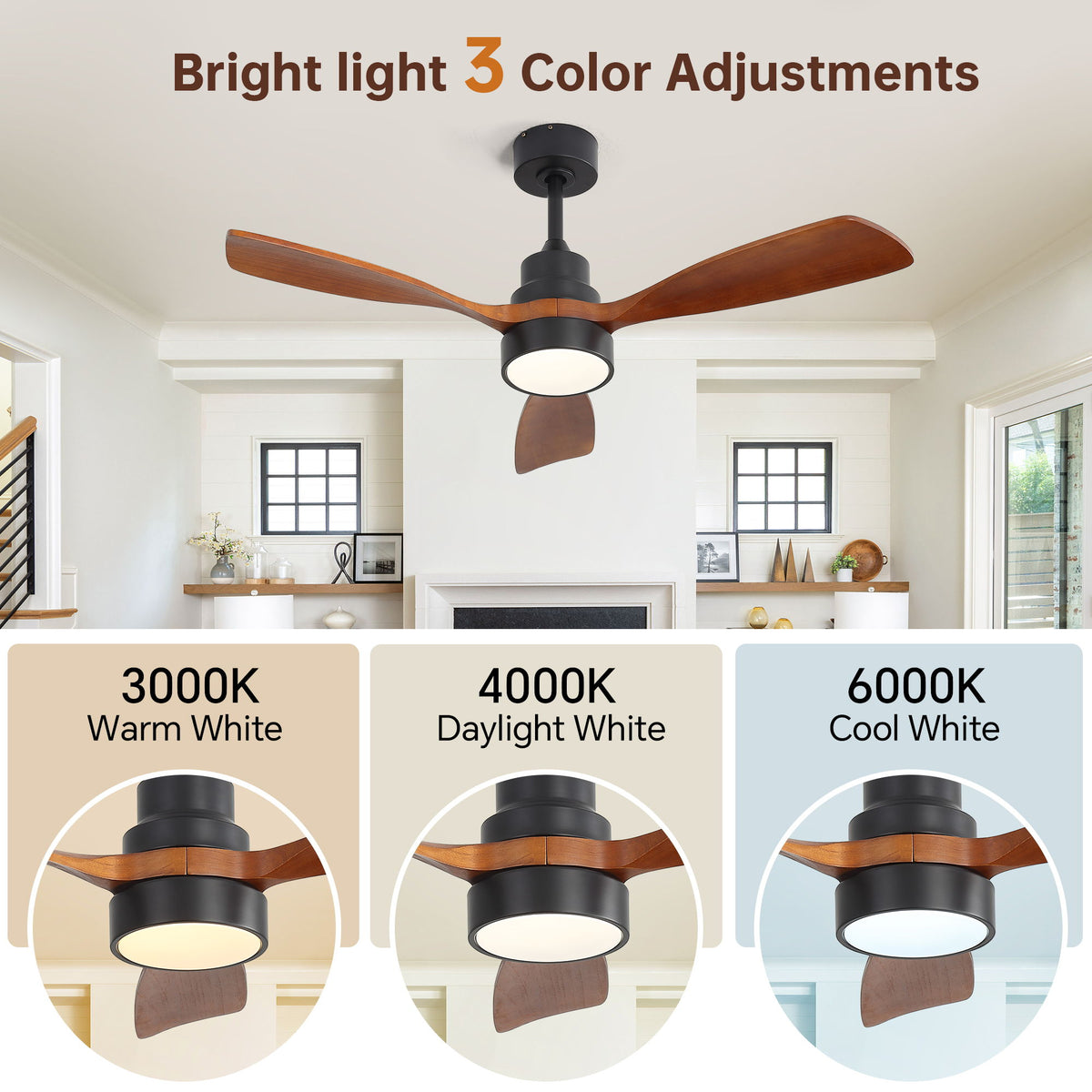 48" Ceiling Fan With Light, Dual Mount (Flush / Downrod), Dimmable LED, Quiet DC Motor, 3 Blades