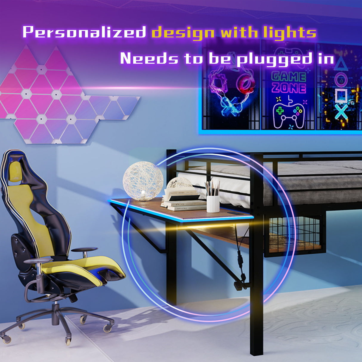Loft Bed With Built In Desk, LED Light Strip