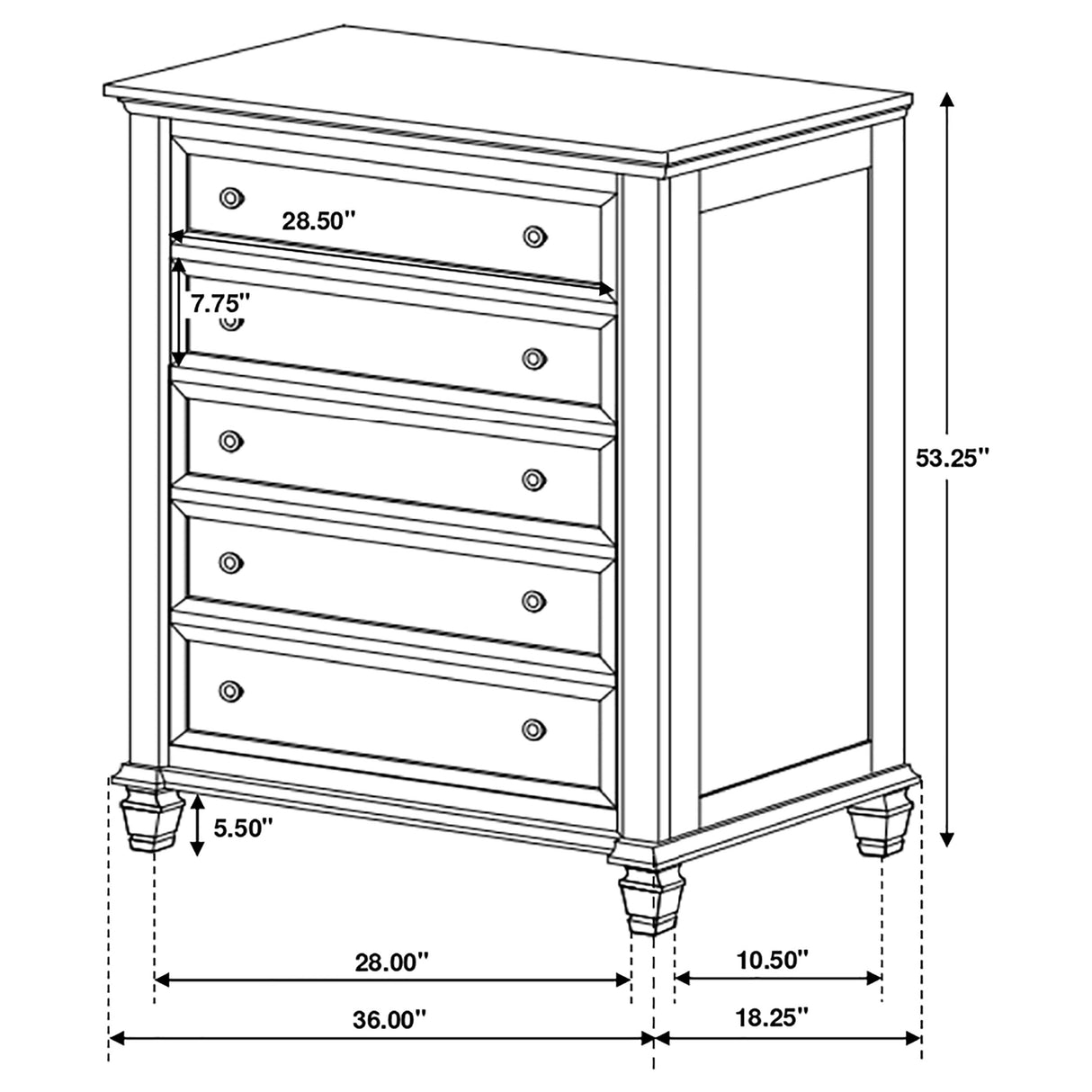 Sandy Beach 5-Drawer Bedroom Chest in Cream White