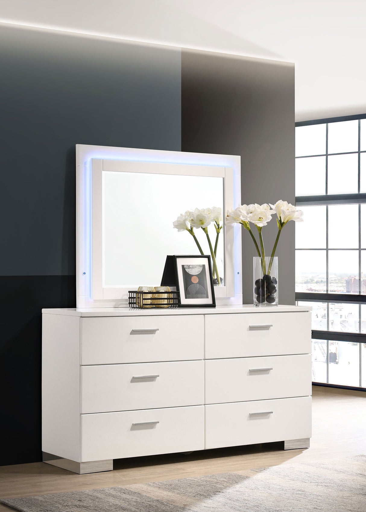 Felicity 6-Drawer Dresser with LED Mirror - White High Gloss