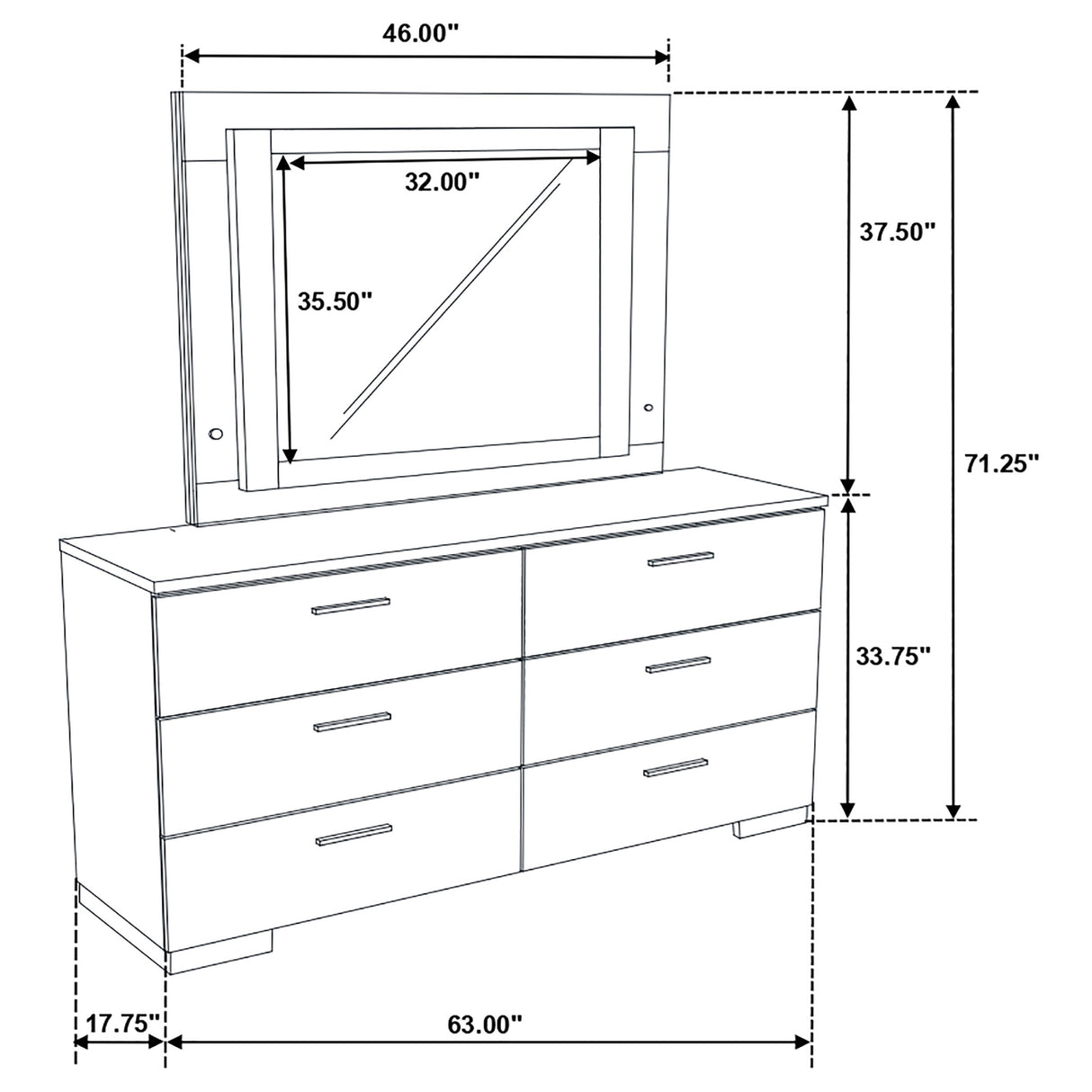 Felicity 6-Drawer Dresser with LED Mirror - White High Gloss