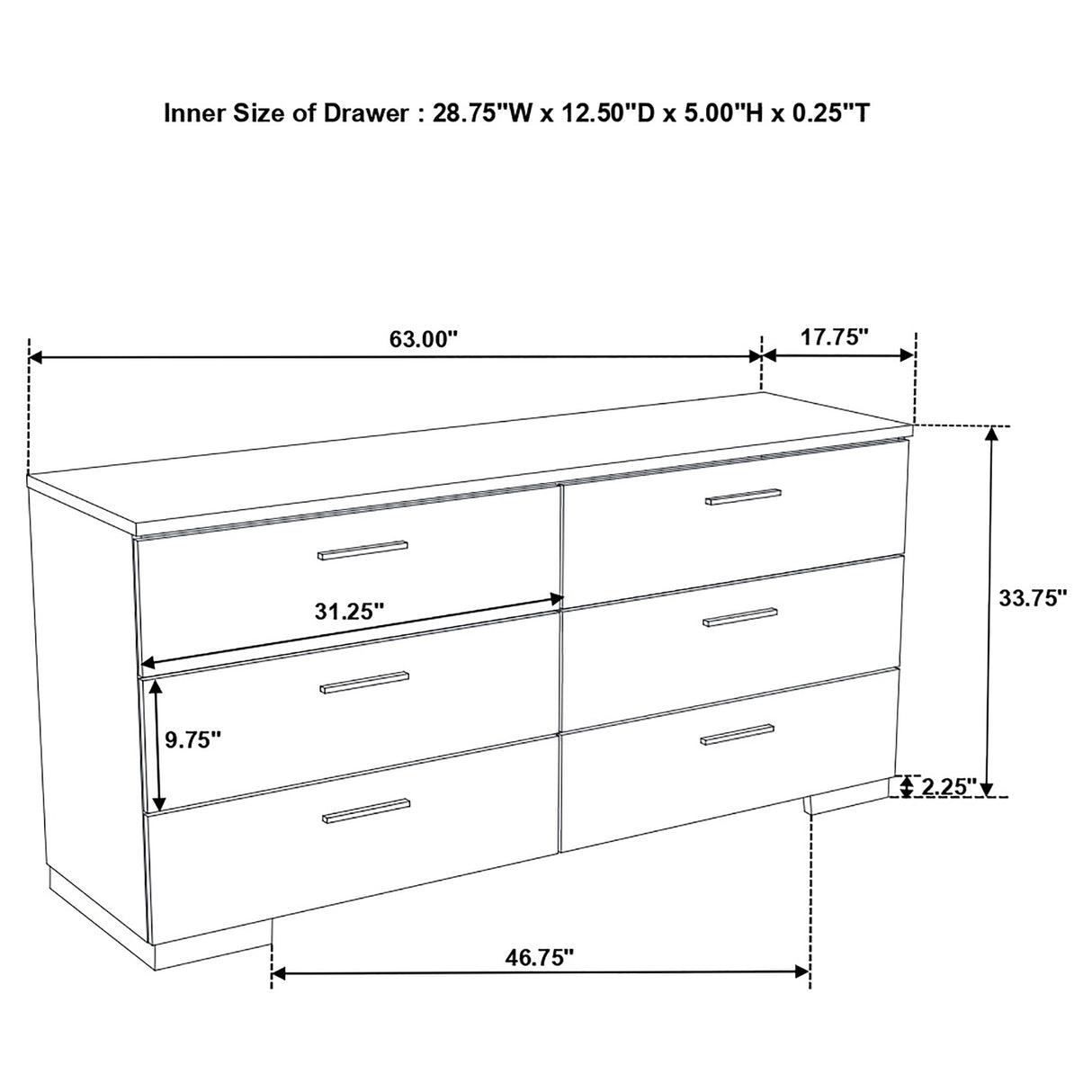 Felicity 6-Drawer Dresser White High Gloss