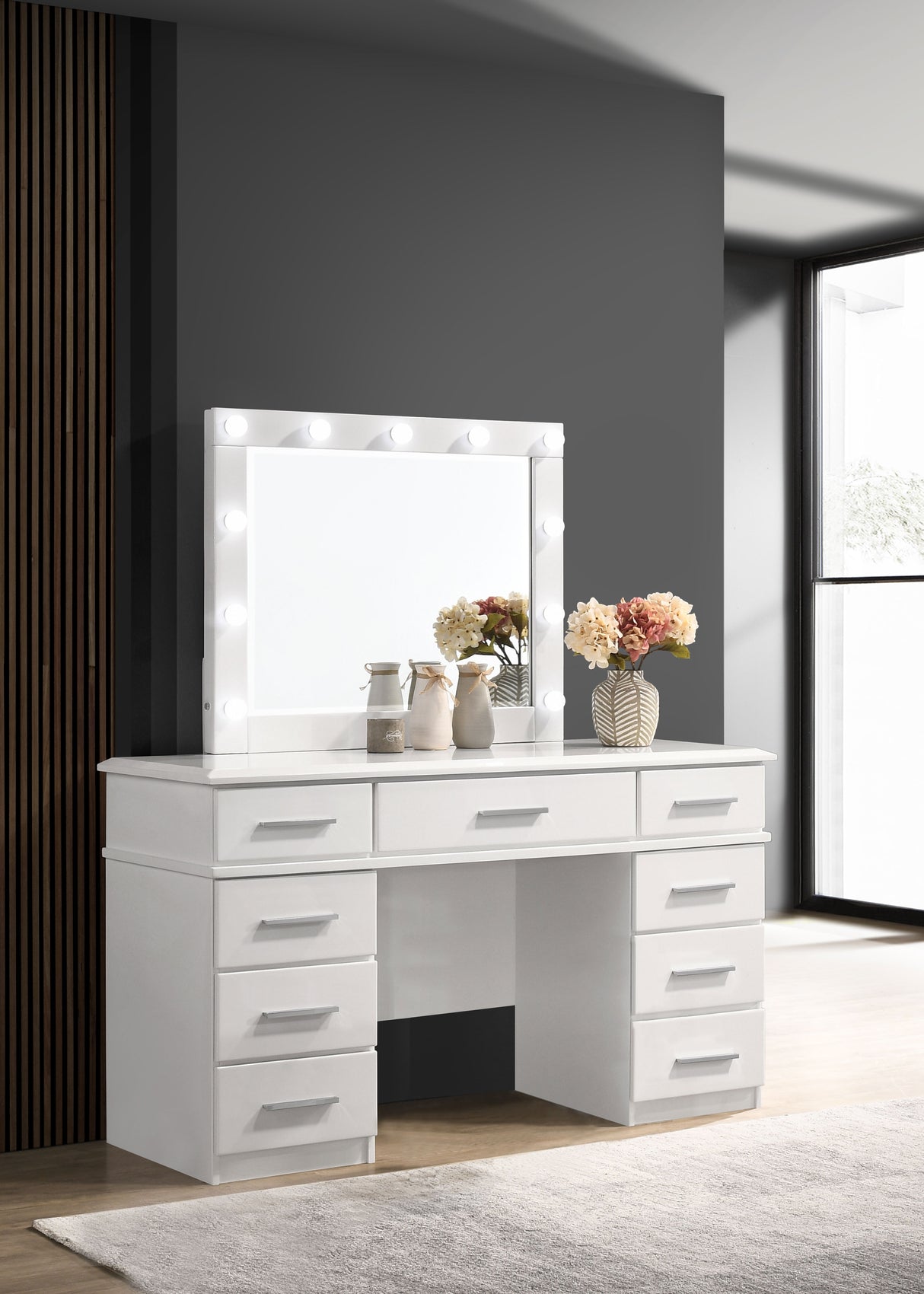 Felicity 9-Drawer Vanity Table with Lighted Mirror, White Gloss