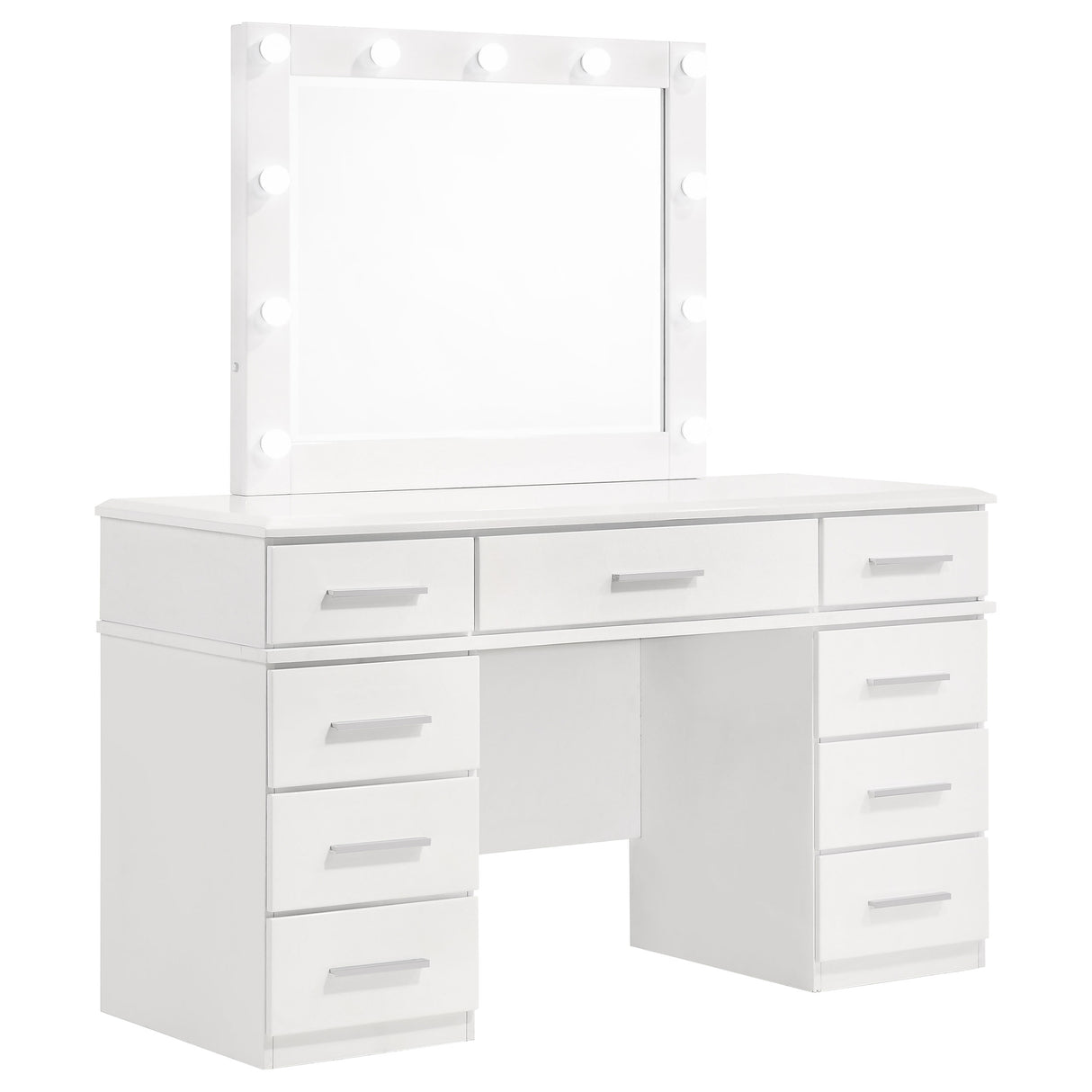 Felicity 9-Drawer Vanity Table with Lighted Mirror, White Gloss