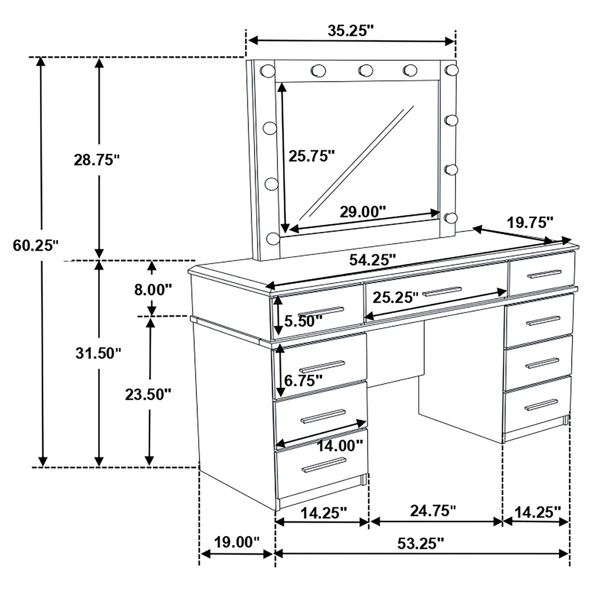 Felicity 9-Drawer Vanity Table with Lighted Mirror, White Gloss