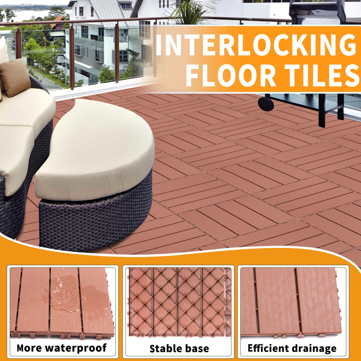 Plastic Interlocking Deck Tiles, Waterproof All Weather Use