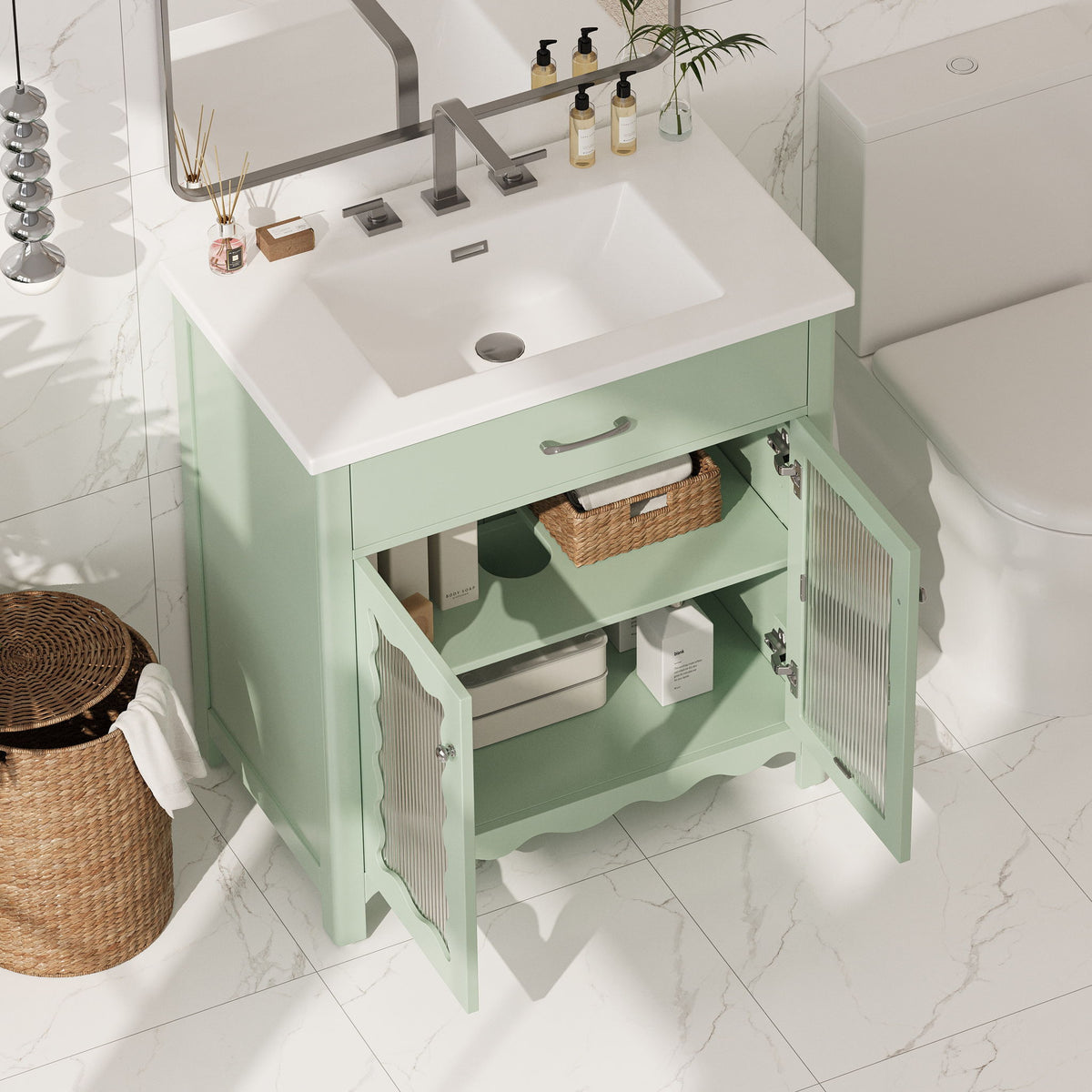 Modern Bathroom Vanity With Tempered Glass Doors
