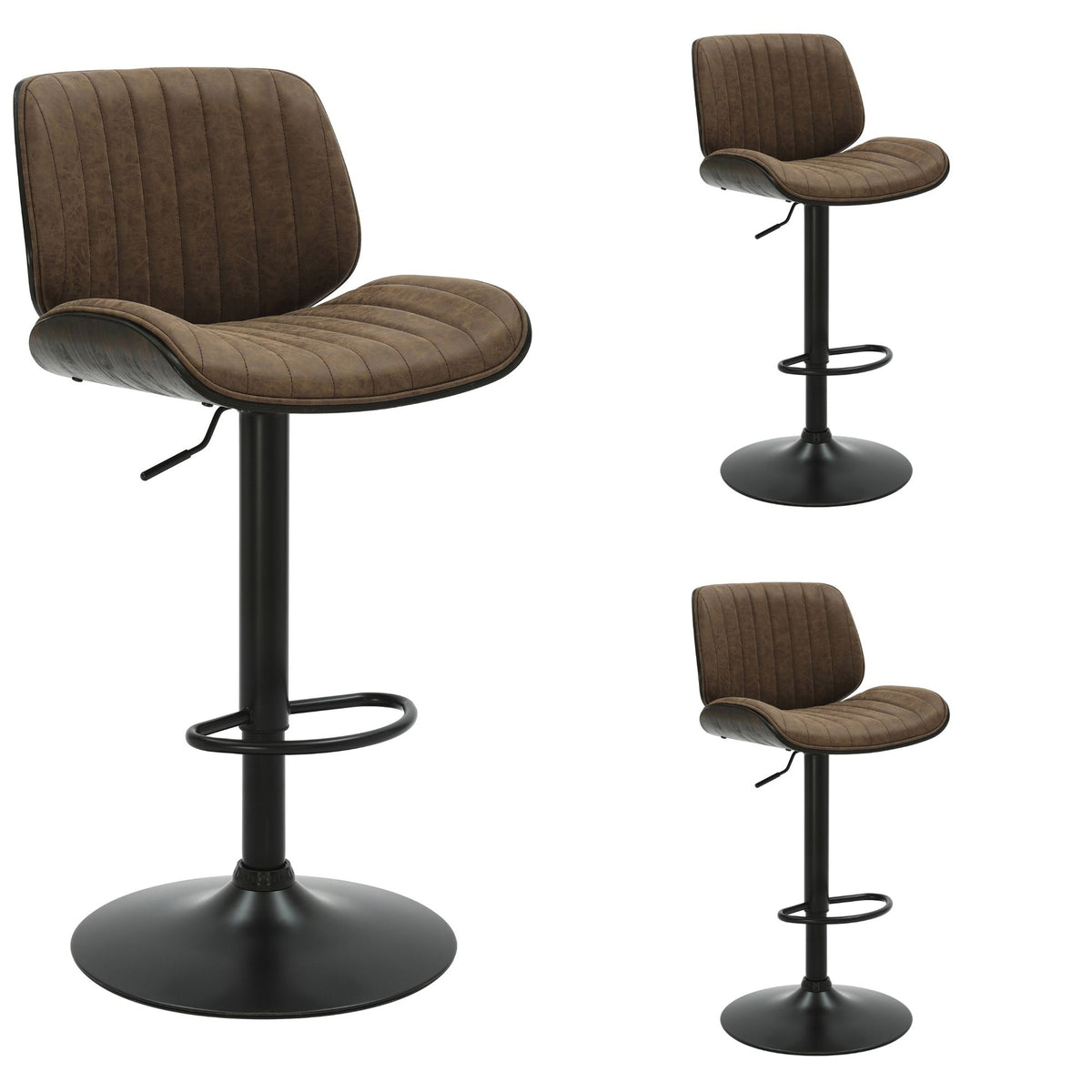 Brock - Adjustable Swivel Curved Back Wood Bar Stool With Faux Leather Seat - Black Base