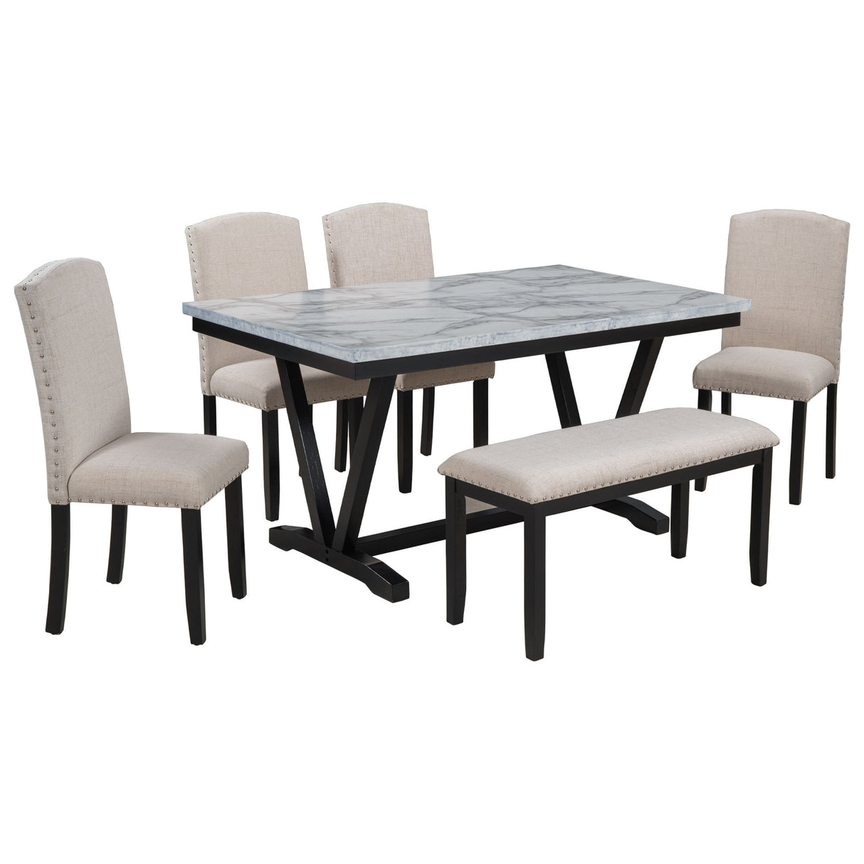 6 Piece Dining Table Modern Style With 4 Chairs & 1 Bench, Table With Marbled Veneers Tabletop And V-Shaped Table Legs - White