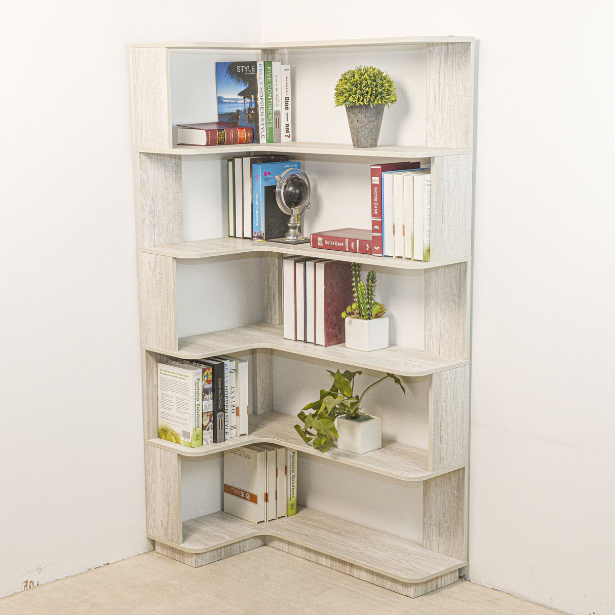 L-Shaped Corner Bookshelf 90Cm Extended Size 5 Tier Freestanding Display Shelf With Anti Tip Safety Features - Light Gray