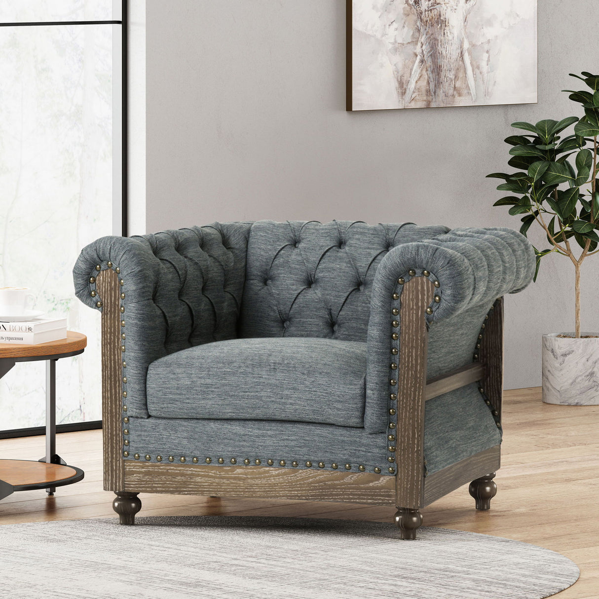 Fabric Upholstered Club Chair With Scrolled Tuxedo Arms - Charcoal