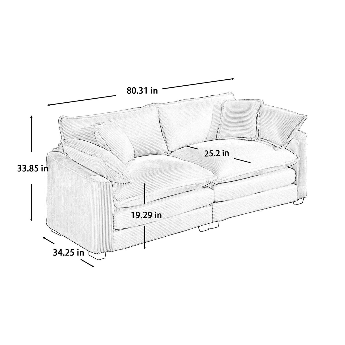 Modern 2 Seater With 4 Pillows, Upholstered Deep Seating Loveseat