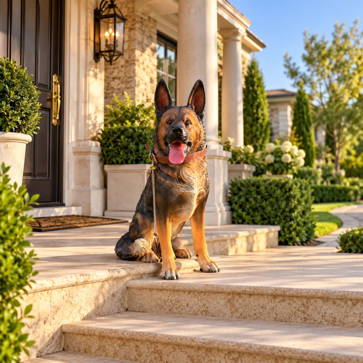 German Shepherd Dog Statue, Sitting Guard Sculpture - Black Brown