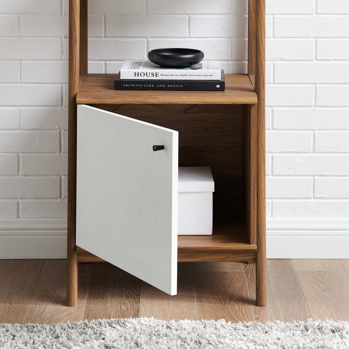 21" Slim Tiered Display Bookshelf with Concealed Storage in Walnut White - Bookcases available at Alpine Outlets in Denver