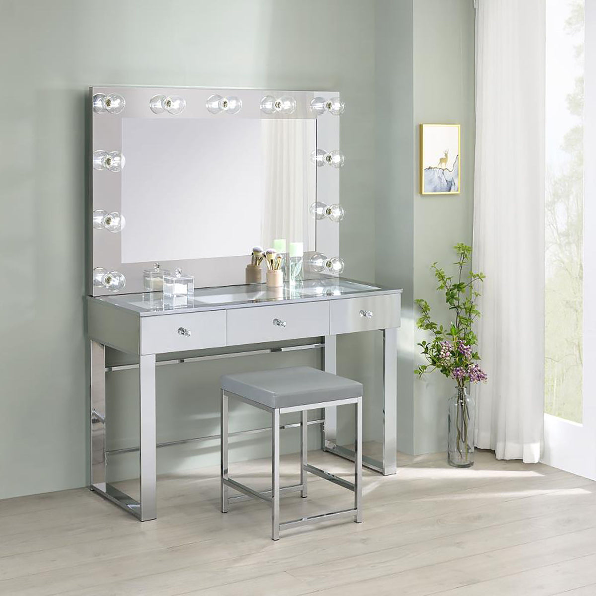 Upholstered Square Vanity Stool With Base Furniture For Bedroom - Light Gray