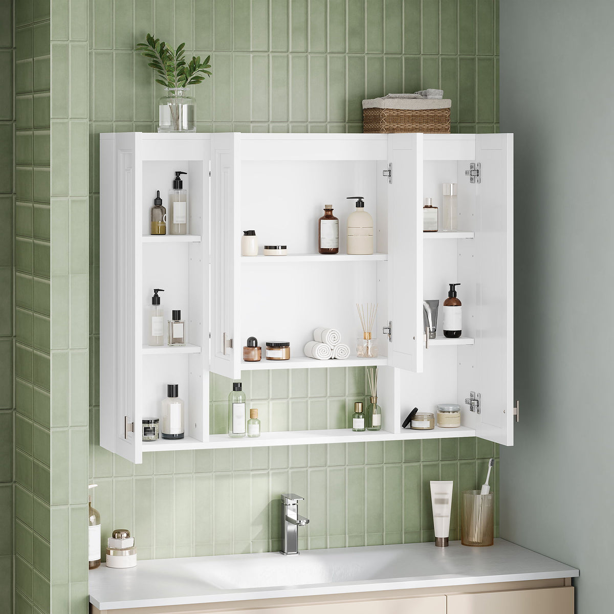 Bathroom Cabinet With 5 Adjustable Shelves, Soft Closing Hinges, Open Shelving Design - White