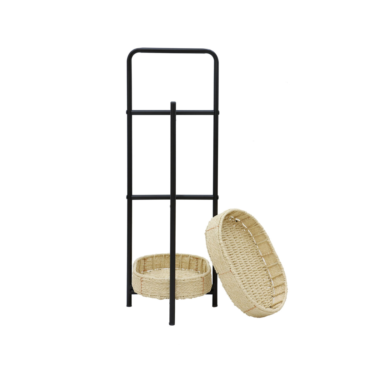 Farmhouse Style 3 Tiers Tray Tables Paper Rope Woven Side Table With Oval Storage Basket - Natural