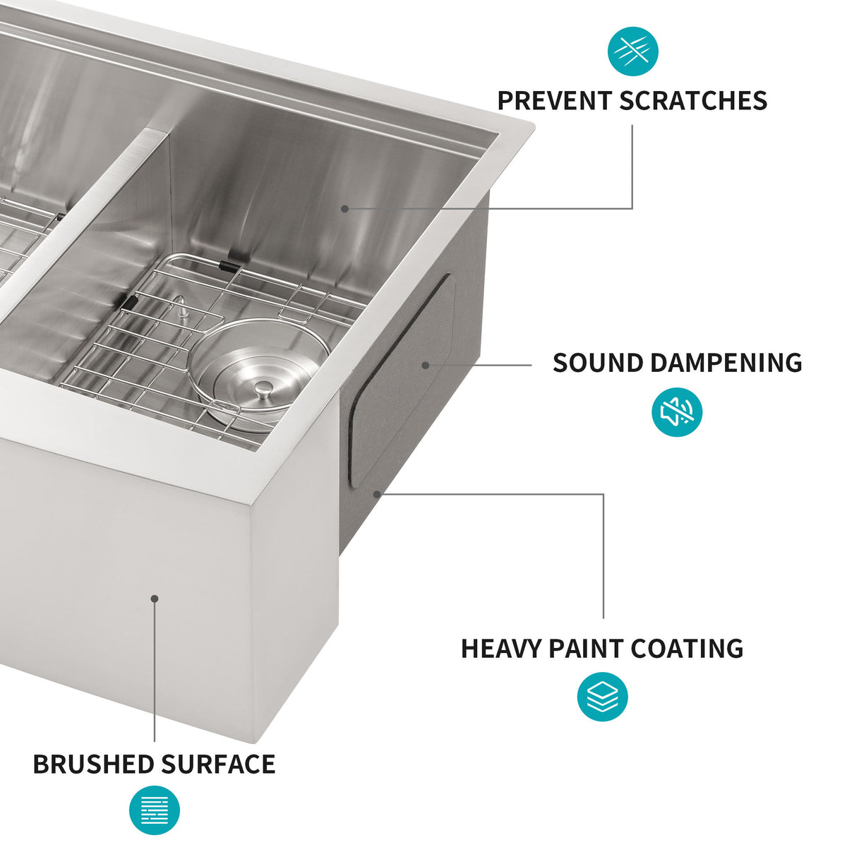 Double Bowl Farmhouse Sink Workstation 33" Stainless Steel 16 Gauge Apron Front - Brushed Nickel