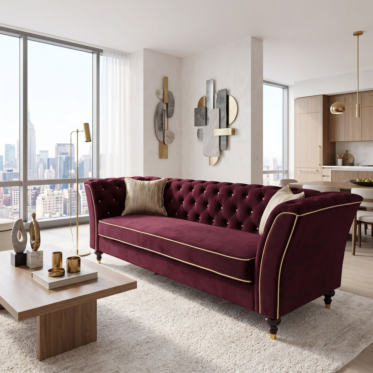 3 Person Sofa With Deep Seat, Tufted Backrest