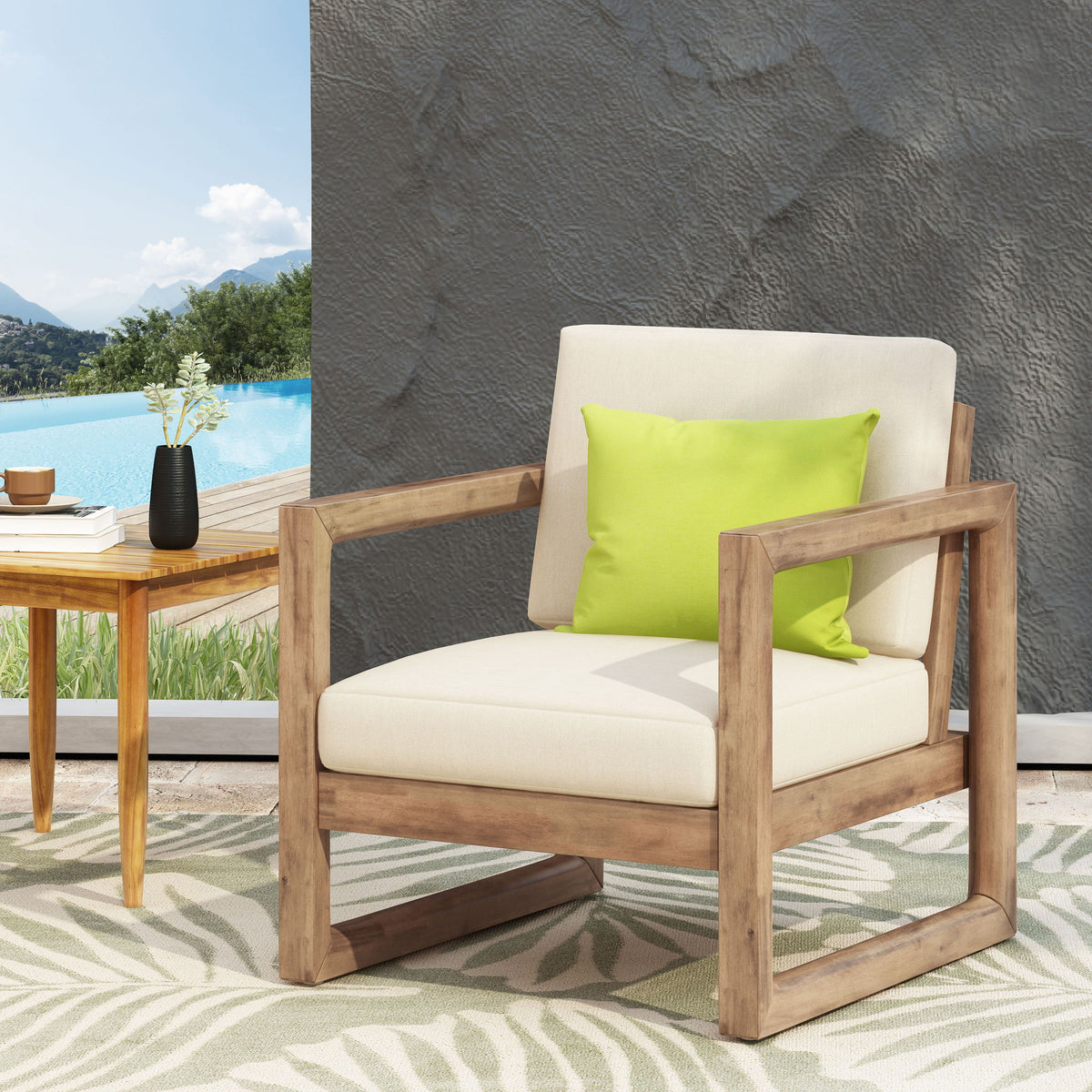 Outdoor Acacia Wood Patio Club Chair, Wood Patio Furniture, Waterproof Thick Cushion Deep Seating For Porch - Brown Wash / Beige
