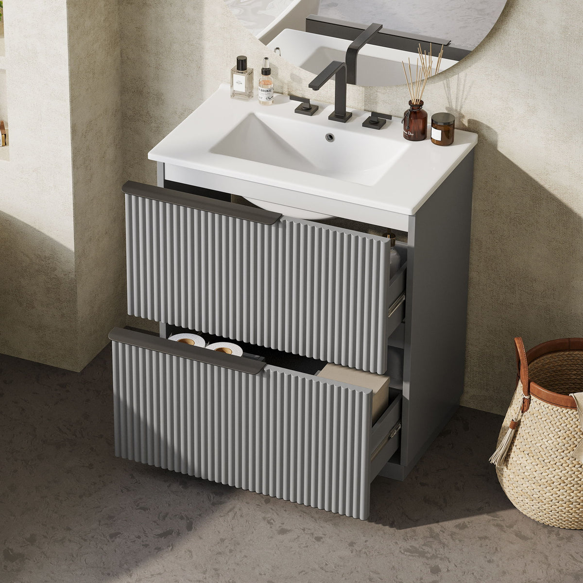 Fluted Bathroom Vanity With Ceramic Sink, Freestanding Cabinet