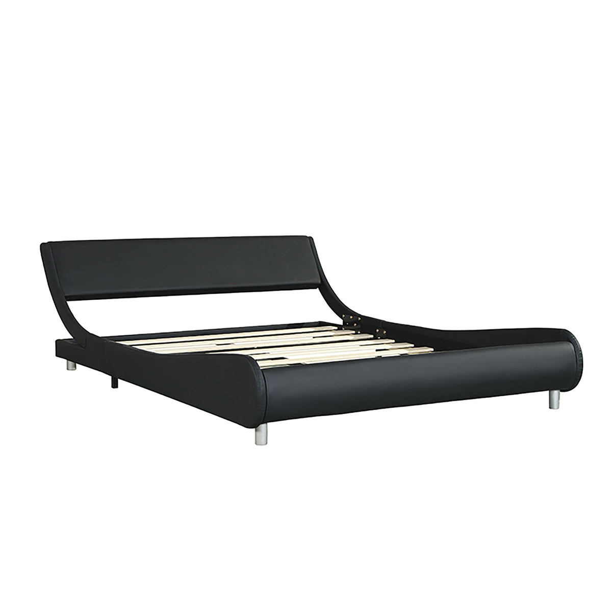 Queen Size Upholstered Platform Bed Frame With LED Lighting, Curve Design, Slat Support, No Box Spring Needed - Black