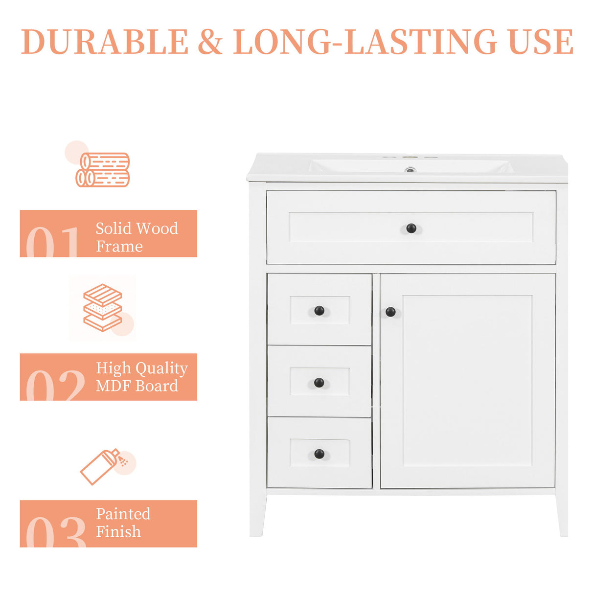 Bathroom Vanity With Sink, 3 Drawers And Adjustable Shelf, Freestanding Storage Unit