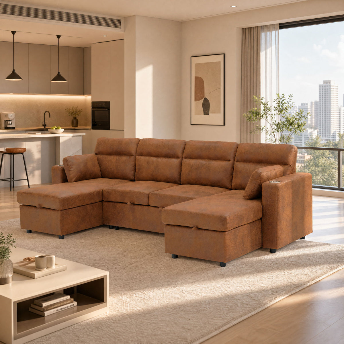 Convertible Sectional Sofa With Storage Chaise, Cup Holders And Pull Out Sleeper
