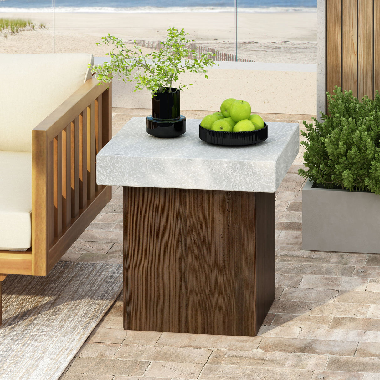 Mgo Square Side Table With Faux Stone Top And Wood Frame - Antique White / Natural Wood