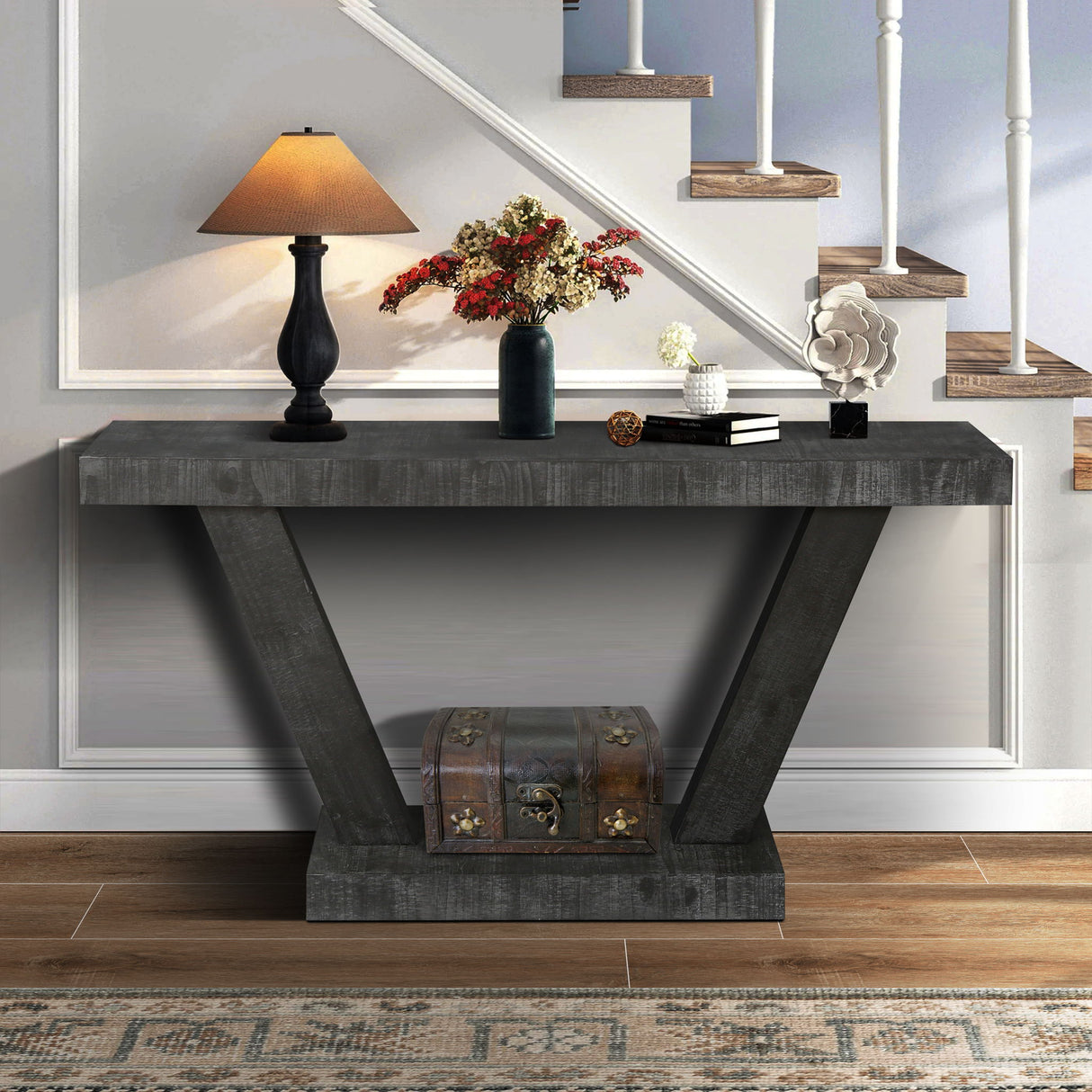 Vintage Distressed Wood Entryway Bench With 2 Tier Storage Cabinet