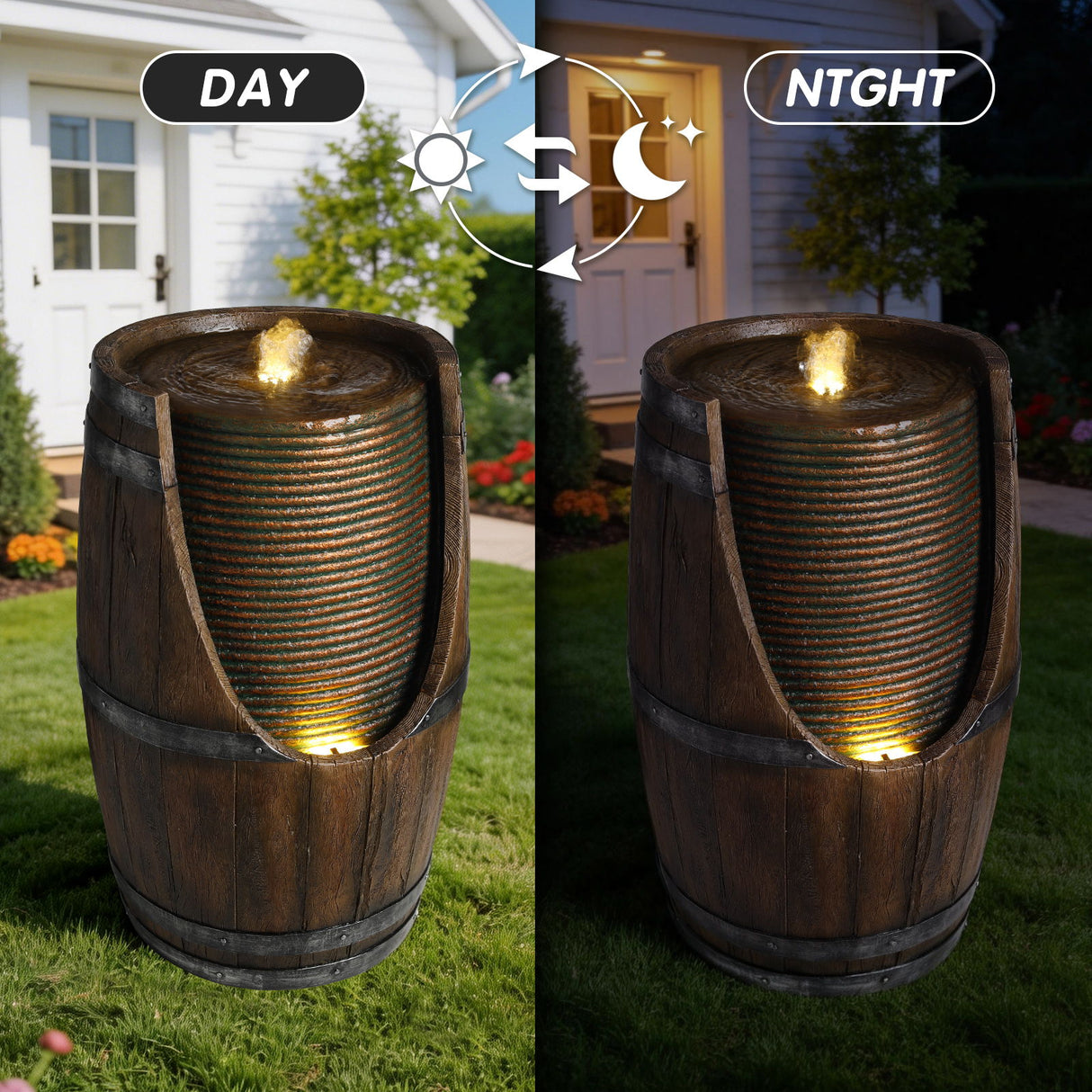 Rustic Barrel Water Fountain With LED Light