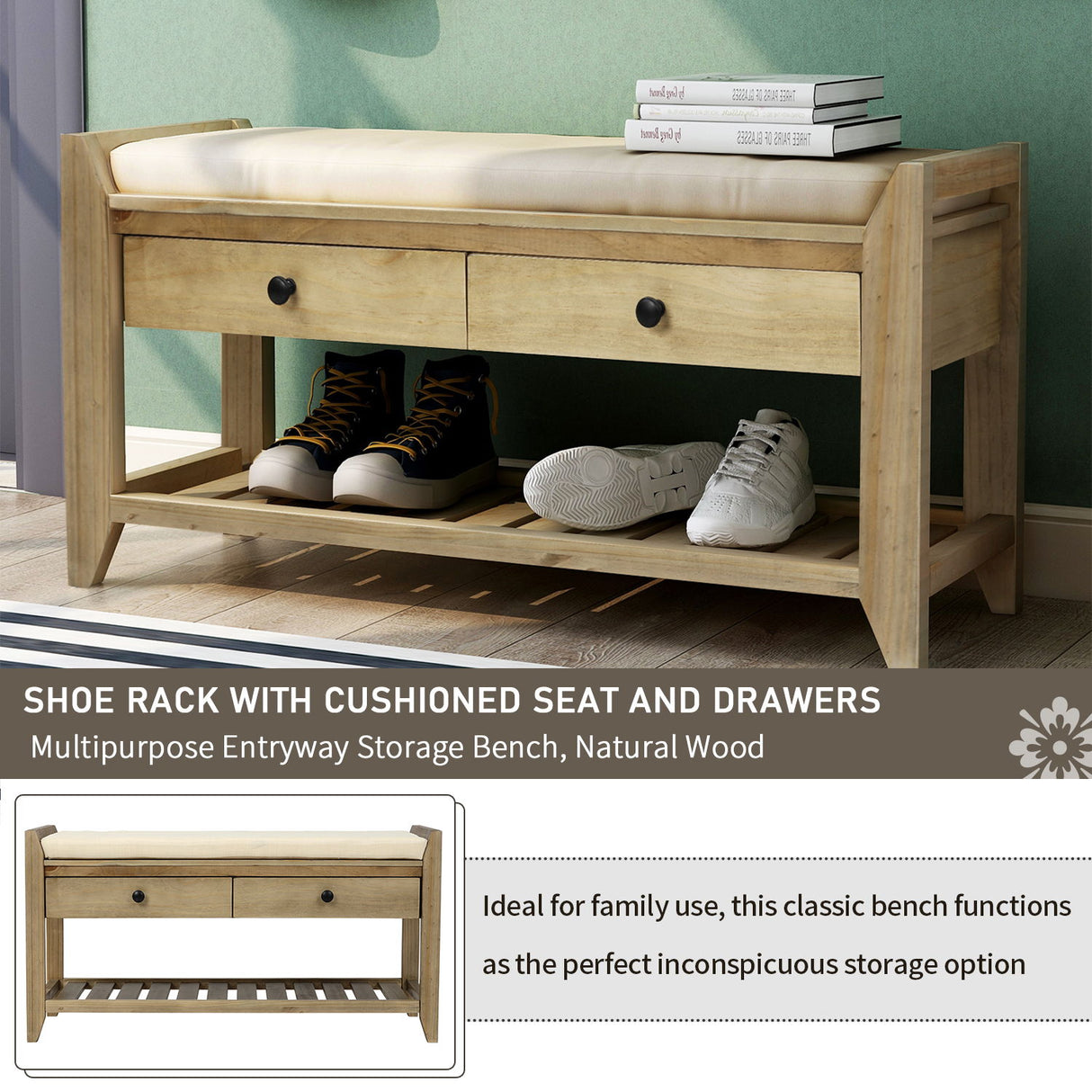 Shoe Rack With Cushioned Seat And Drawers Multipurpose Entryway Storage Bench Wash - Gray Wash