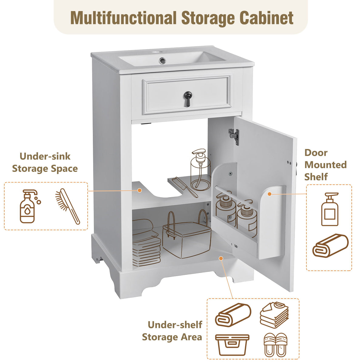 Elegant Bathroom Vanity With Ceramic Sink, Soft Close Door, Adjustable Shelf