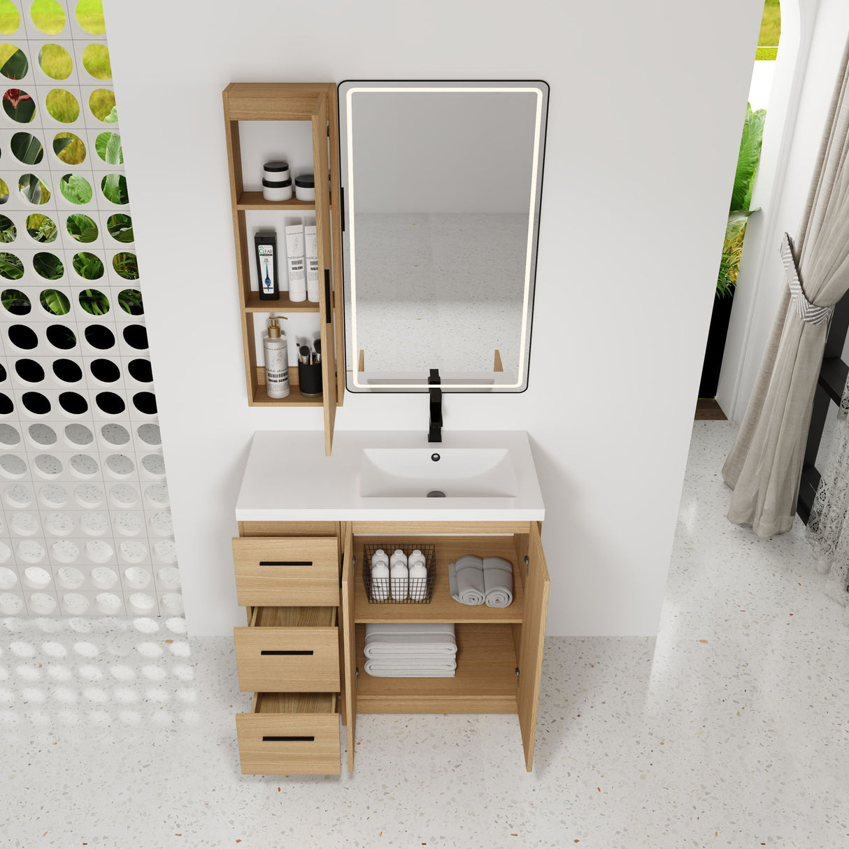 Freestanding Bathroom Vanity Set With Tall Linen Cabinet, 3 Drawers And Large Storage, Single Sink