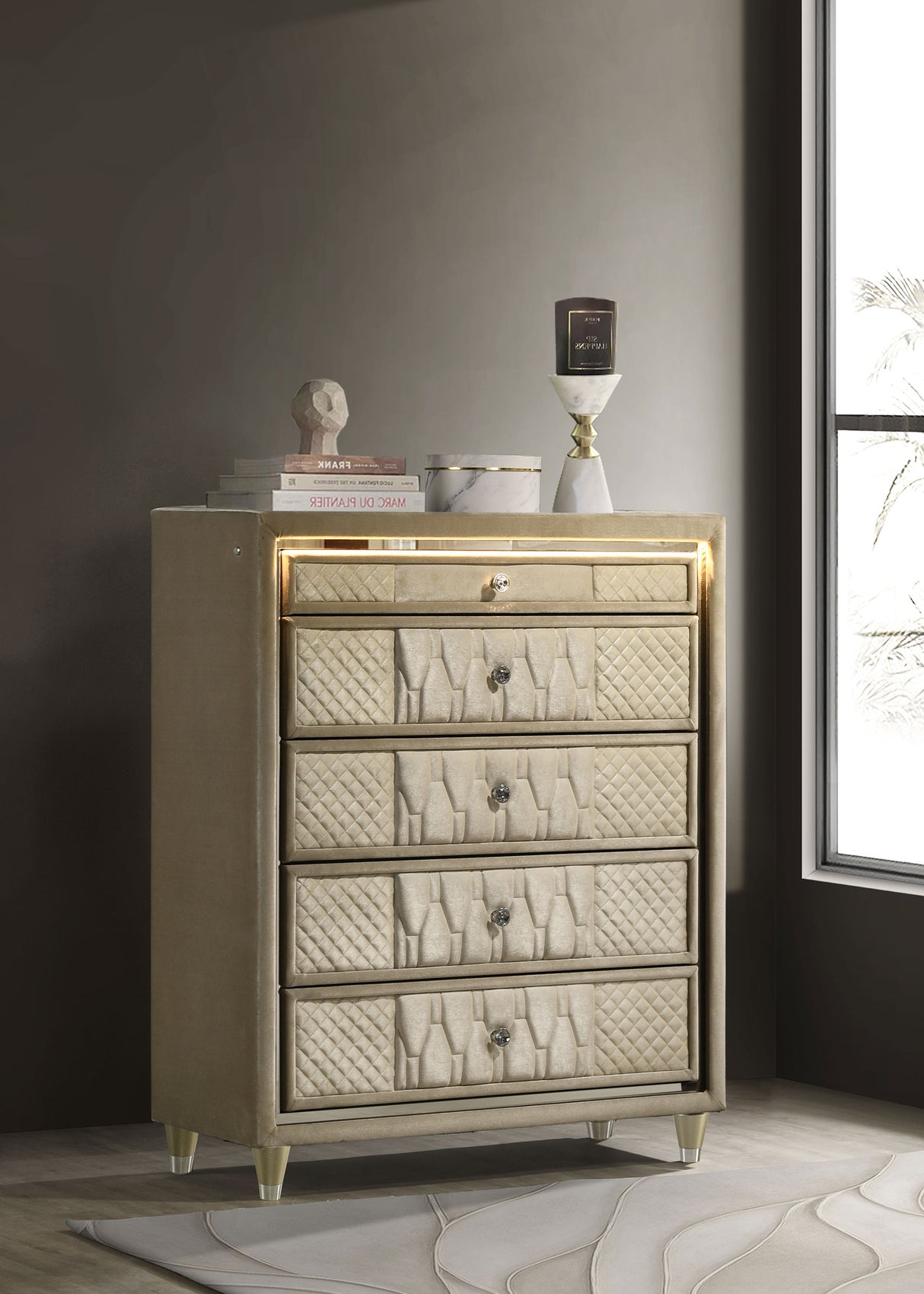 Lorient 5-Drawer LED Chest, Ivory and Camel Velvet
