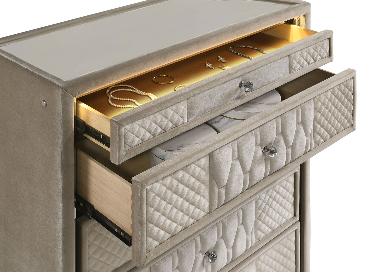 Lorient 5-Drawer LED Chest, Ivory and Camel Velvet