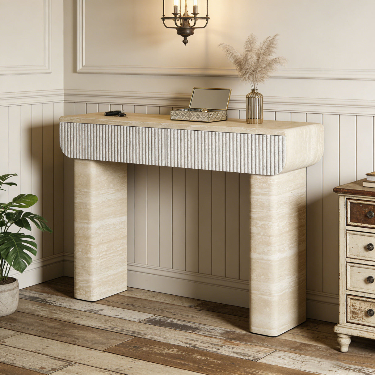 Entryway Table With 2 Hidden Handle Drawers For Entrance - Beige / Yellow