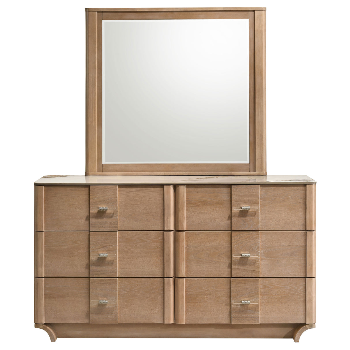 Leanne 6-Drawer Sintered Stone Top Dresser with Mirror, Light Oak