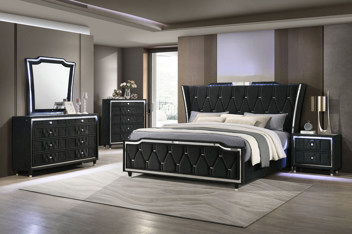 Lorient Eastern King LED Upholstered Bed in Black Velvet