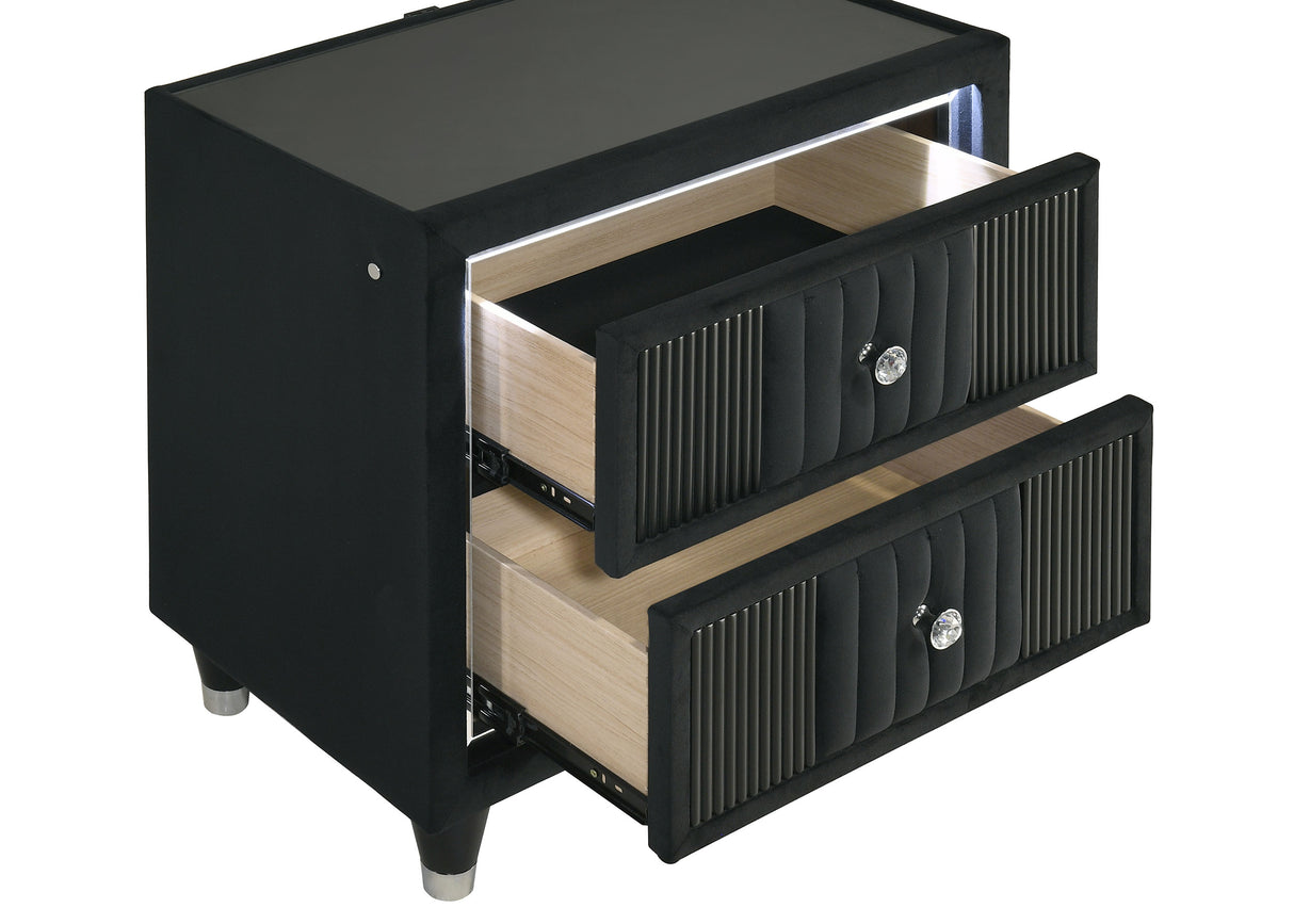 Ravenne 2-Drawer Black Velvet LED Nightstand with USB