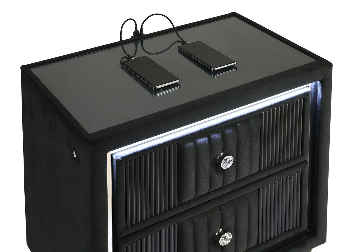 Ravenne 2-Drawer Black Velvet LED Nightstand with USB