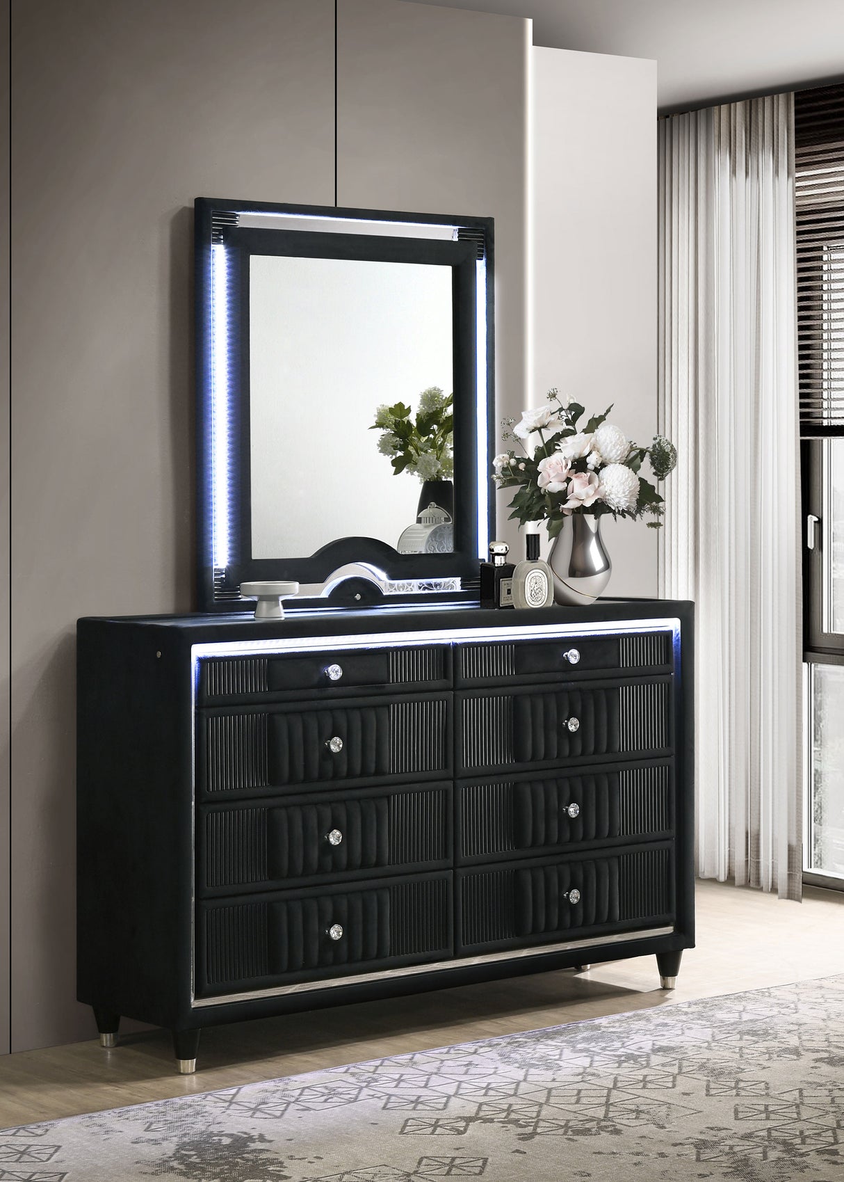 Ravenne 8-Drawer Velvet Upholstered LED Dresser and Mirror, Black