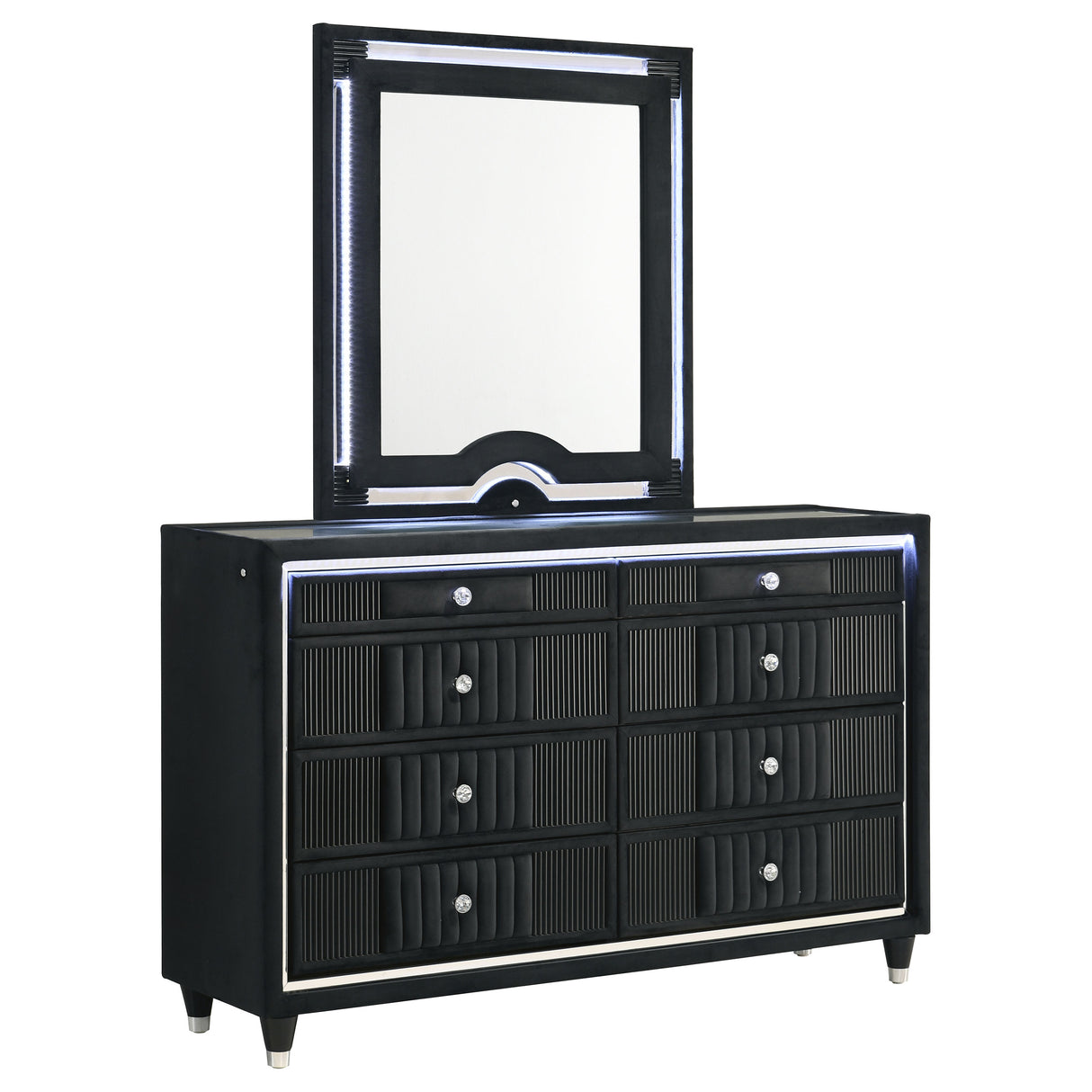 Ravenne 8-Drawer Velvet Upholstered LED Dresser and Mirror, Black