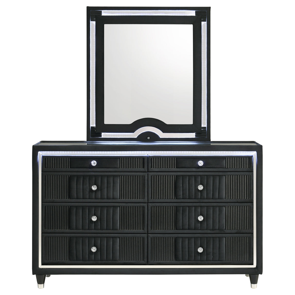 Ravenne 8-Drawer Velvet Upholstered LED Dresser and Mirror, Black