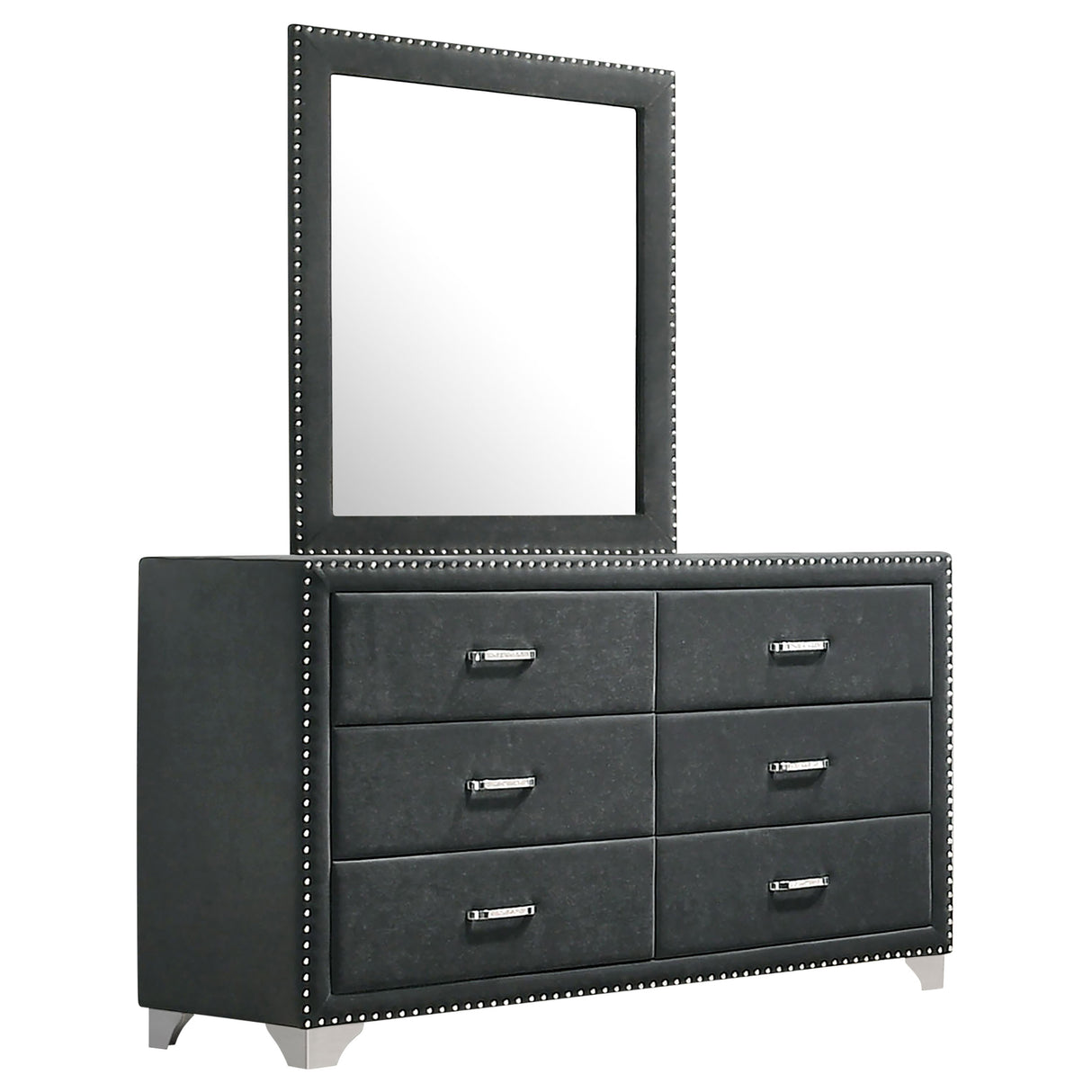 Melody 6-Drawer Upholstered Dresser with Mirror - Grey
