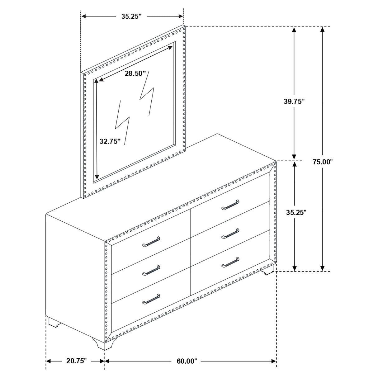 Melody 6-Drawer Upholstered Dresser with Mirror - Grey