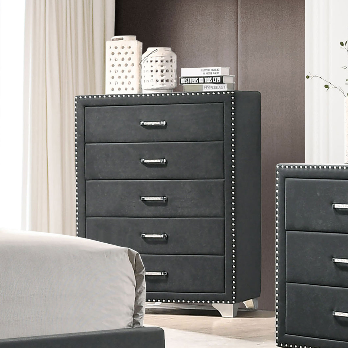Melody 5-Drawer Bedroom Chest in Grey Velvet