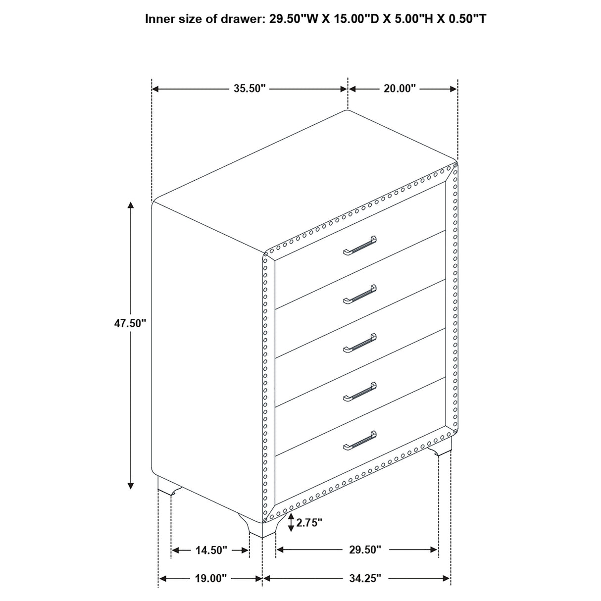 Melody 5-Drawer Bedroom Chest in Grey Velvet