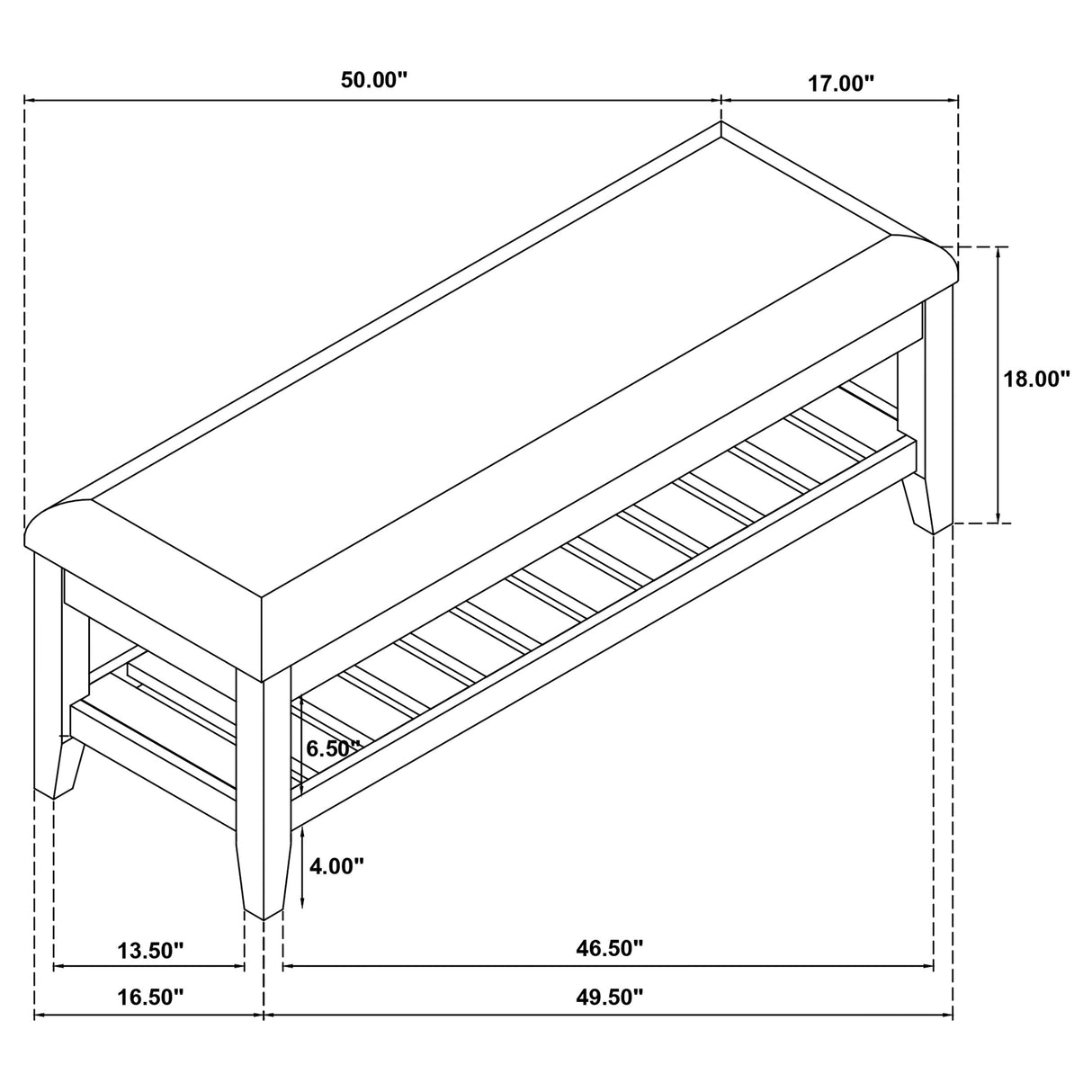 Bexhill Upholstered Rectangular Bench with Shelf - White