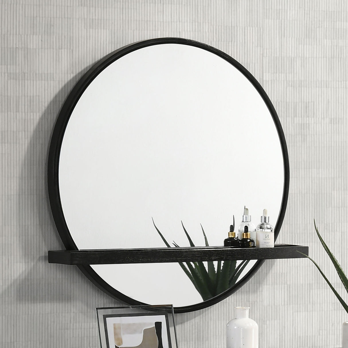 Arini Round Vanity Wall Mirror with Shelf in Black